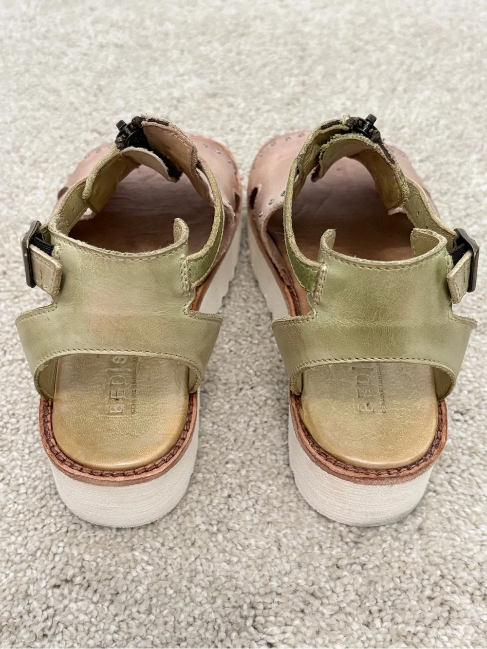 Bed Stu Pink Leather Front-Zip Studded Sandals